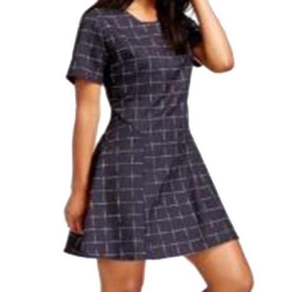 Maison Jules Navy Checkered Fit & Flare Dress Size Medium